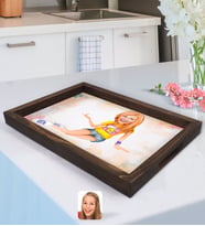 BK Gift Kişiye Özel Kadın Karikatürlü Doğal Ahşap Tepsi-42