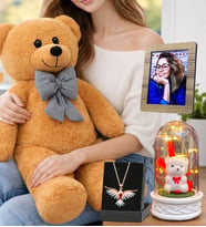 Kişiye Özel Muhteşem Set Kahve Peluş Ayıcık, Renkli Anka Kuşu Kolye, Led Işıklı Fanus ve Fotoğraf (Model 5)
