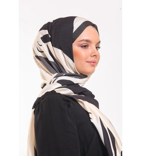 Geometrik Desen Modal Seri Şal Eşarp Askısı İle Birlikte 75x200 Krem Siyah-75x20