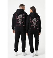 Unisex Oversize Hoodie Detaylı Grafik Figür Baskılı (Siyah)