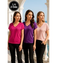Kadın 3'lü Paket Mor-Pembe-Pudra Viskon V Yakalı T-shirt Kısa Kollu Rahat Kesim Bluz