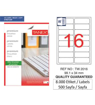 Tanex Lazer Etiket tw-2016 500 A4 Sayfa Laser Etiket 99.1 X 34 mm Boyutunda 1 A4 Sayfada 16 Etiket