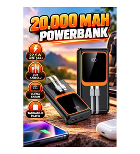 20.000 mAh Powerbank – 22.5W Hızlı Şarj Destekli, Çok Kablolu Dijital Ekranlı Taşınabilir Şarj Cihaz