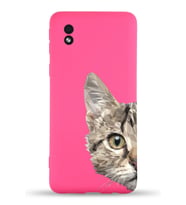Samsung Galaxy A01 Core Uyumlu Lansman Kılıf Catface Tasarımlı İçi Kadife Kapak-Neon Pembe (Şeffaf)