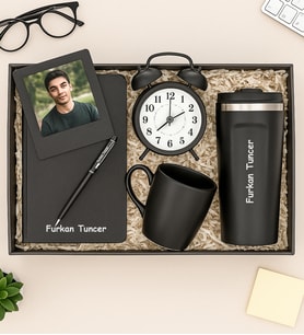 Kişiye Özel Fotoğraflı Çerçeve,Defter,Kalem,Masa Saati,Fincan Ve Termos Hediye Seti (STD)