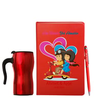 Sevgililer Gününe Özel Deri Kırmızı Defter Kalem & Termos Mug Hediye Seti 17