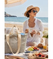 Faralya Life Çıtçıtlı Çift Saplı Kısa ve Uzun Sap Yeşil Çizgili %70 Pamuk %30 Polyester Çift Cepli 50*42 Ölçüde Omuz Çantası