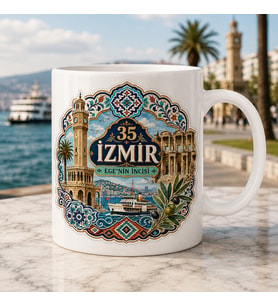İzmir Temalı Hediyelik Kupa Bardak - 35 Plaka Ege'nin İncisi Çini ve Kilim Motifli Özel Tasarım Kupa