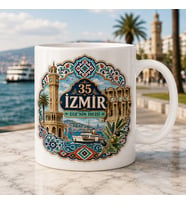 İzmir Temalı Hediyelik Kupa Bardak - 35 Plaka Ege'nin İncisi Çini ve Kilim Motifli Özel Tasarım Kupa