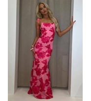 Pembe Ayarlanabilir Askılı Çiçekli Astarlı Maksi