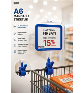 A6 Fiyatlık Mandallı Etiketlik Sepet Raf Askılık Fiyat Etiketi Çerçeveli Market Mağaza Mavi
