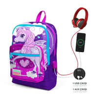 Coral High Kids Mor Pembe Unicorn Desenli Dört Bölmeli USB Şarjlı Kulaklık Çıkışlı Okul Sırt Çantası  23808