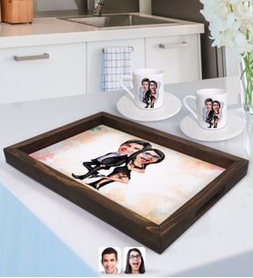 BK Gift Kişiye Özel Sevgililer Karikatürlü Doğal Ahşap Tepsi ve 2’li Kahve Fincan Seti-6