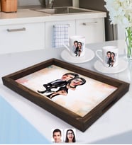 BK Gift Kişiye Özel Sevgililer Karikatürlü Doğal Ahşap Tepsi ve 2’li Kahve Fincan Seti-6