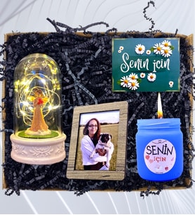 Kişiye Özel Fotoğraflı Set & Işıklı Şans Melekli Fanus & Kokulu Mavi Mum
