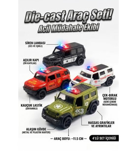 4'lü Die-Cast Metal Oyuncak Araba Seti - Sesli Işıklı Çek Bırak İtfaiye Polis Ambulans Askeri Araç