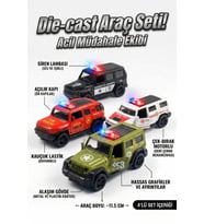 4'lü Die-Cast Metal Oyuncak Araba Seti - Sesli Işıklı Çek Bırak İtfaiye Polis Ambulans Askeri Araç