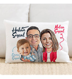 Kişiye Özel Tek Çocuklu Aile Karikatürlü Yastık
