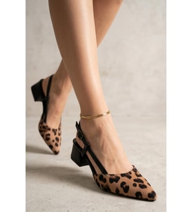 Leopar Desenli Sivri Burun Alçak Kare Topuklu Elegant Slingback Ayakkabı - Premium Kumaş Dokulu Arkası Açık Tasarım Ayakkabı