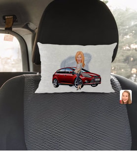 BK Gift Kişiye Özel Plakalı Kadın Ford Focus Karikatürlü Dikdörtgen Araç Koltuk Yastığı-1