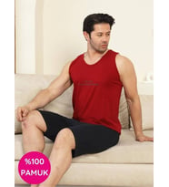 Erkek Bisiklet Yaka Düğmesiz %100 Pamuk Atlet Sporcu Kol Cepli Şortlu Pijama Takımı (Bordo)