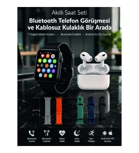 Mey İthalat® Bluetooth Telefon Görüşmeli Akıllı Saat Seti Kablosuz Bluetooth Kulaklık 7 Değiştirileb