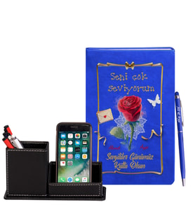 Sevgililer Gününe Özel Mavi Defter Kalem & Deri Kaplama Kalemlik Hediye Seti 15