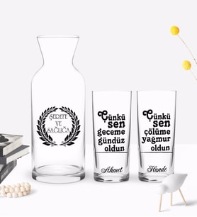 BK Gift Kişiye Özel Renkli Baskılı Çünkü Sen Tasarımlı İkili Rakı Bardağı ve Karaf Hediye Seti-1 (Model 1)