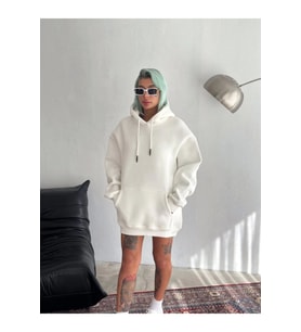 Kapşonlu Üç İplik Penye Basic SweatShirt - Beyaz