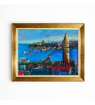 Tablore Galata Kulesi Ve İstanbul Manzaralı Yağlı Boya Görünümlü Altın Çerçeveli Tablo