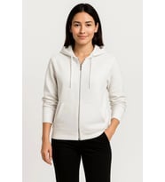 Üç İplik Kapüşonlu Tam Fermuarlı Kanguru Çepli SweatShirt Hoodie - Beyaz
