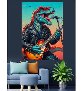 Gitar Çalan Yeşil Dinozor Dekoratif Kanvas - Mdf Ahşap Tablo