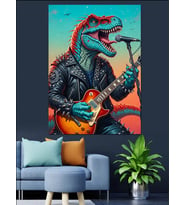 Gitar Çalan Yeşil Dinozor Dekoratif Kanvas - Mdf Ahşap Tablo