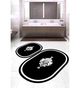 Dijital Baskılı Kaymaz Taban Yıkanabilir Oval 2'li Klozet Takımı Banyo Paspası NOKZ-SD-670 (Siyah)