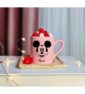 Mickey Mouse Tasarımlı Kişiye Özel Pembe Türk Kahvesi Fincanı