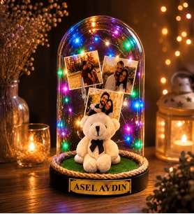 Kişiye Özel 3 Fotoğraflı Renkli LED Işıklı Peluş Ayıcıklı Fanus Anlamlı Fotoğraflı ve Yazılı Hediye