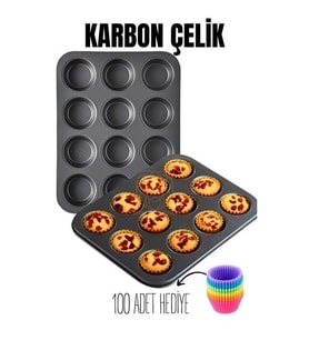 12 Li Muffin Kalıbı Teflon Çelik 100 Muffin Kağıtlı 719516