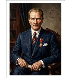 Takım Elbiseli Atatürk Koltukta Portre Dekoratif Kanvas - Mdf Ahşap Tablo