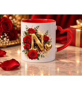 AION CASA N Harfli Kırmızı Gül Desenli Kalp Kulplu Kupa Bardak 325 ml