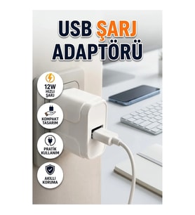 12W USB Telefon Şarj Adaptörü – Kompakt Beyaz Tasarım