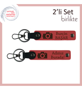 Karelere Dokunan Hatıra, Kamera Temalı, İsme Özel Deri Anahtarlık Takımı, Nar Çiçeği-Nar Çiçeği