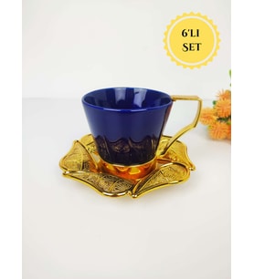 Azra Gold-Mavi Porselen Büyük Çay – Neskafe Fincan Takımı – 6 Kişilik
