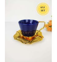 Azra Gold-Mavi Porselen Büyük Çay – Neskafe Fincan Takımı – 6 Kişilik