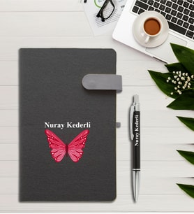 Kişiye Özel Kelebek Desen Baskılı İsme Özel Defter ve Kalem