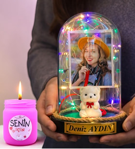 Kişiye Özel Renkli Led Işıklı Beyaz Ayıcıklı Fanus ve Kokulu Mum