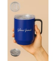 Kişiye Özel 350 ML Şeffaf Kapak Kulplu Termos - Lacivert Y35