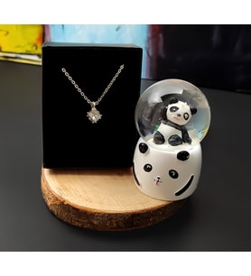 Panda Mini Işıklı Kar Küresi& Zirkon Kaplama Taşlı Kolye Hediye Seti