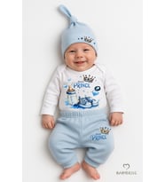 BABYDEN'S Little Prince 3’lü Erkek Bebek Takımı – Uzun Kollu %100 Pamuk Body, Pantolon ve Şapka Seti Mavi (Beyaz-Mavi)