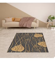 Gold Yaprak Desenli Dijital Baskılı Kaymaz Taban Modern Salon Halısı ve Yolluk (Gri)