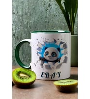 3D Efektli Panda Hediye Kupa Bardak İsimli İsim Yazılı (Yeşil)